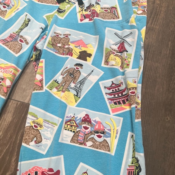 Nick & Nora Sock Monkey Tourist Pajama Pants Womens Medium Paris Japan Alamo - Picture 2 of 8